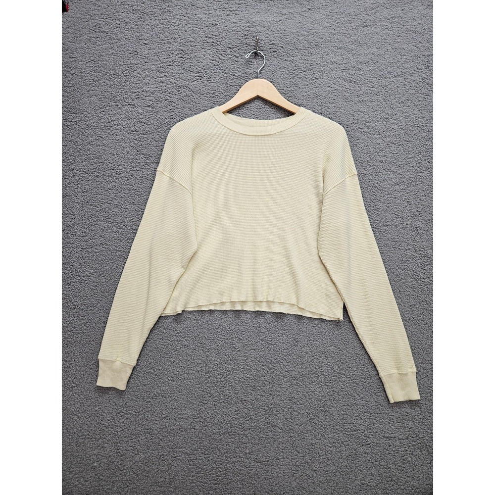 Tna Aritzia Waffle Knit Top Medium Cream Cropped Long Sleeve Thermal Crewneck